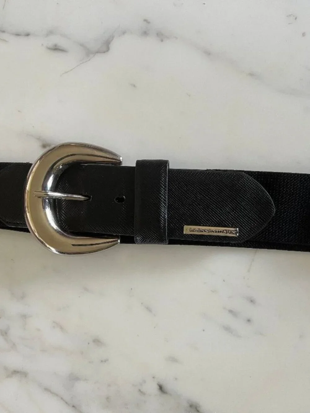 Adrienne Vittadini Black Faux Leather Belt with Elastic Back & Silver Buckle